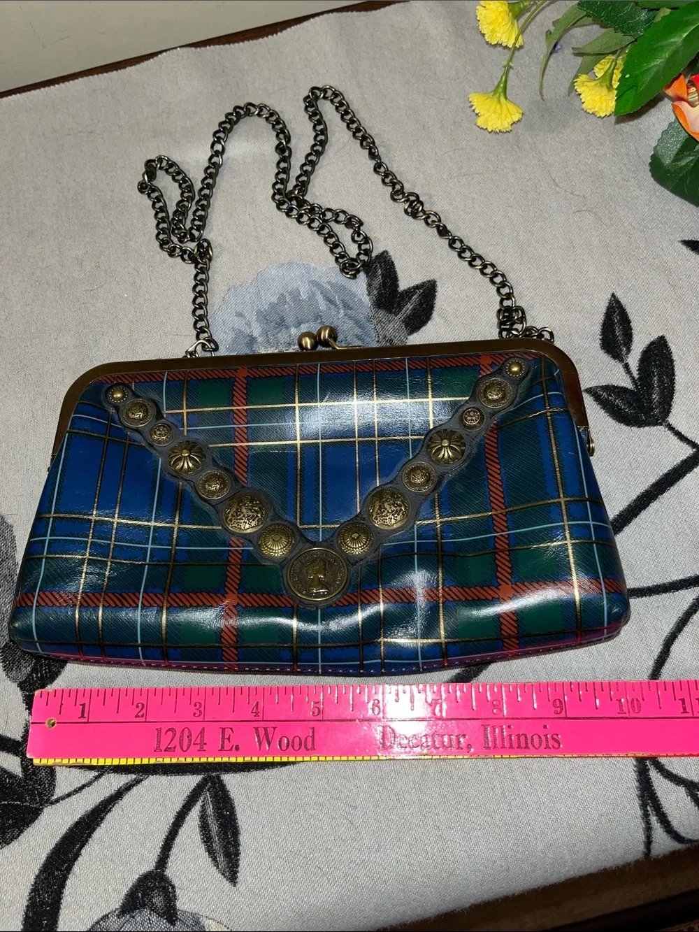 Patricia Nash Blue and Green Tartan Crossbody with Antique Coin Trim